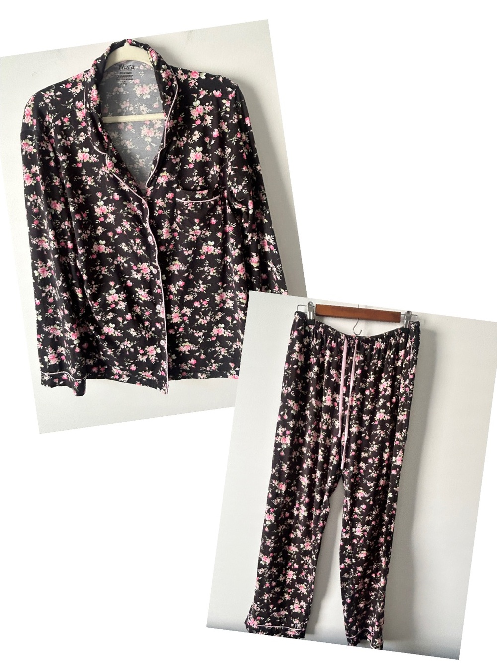 Flora Nikrooz Black Pajama set with Pink Floral Print